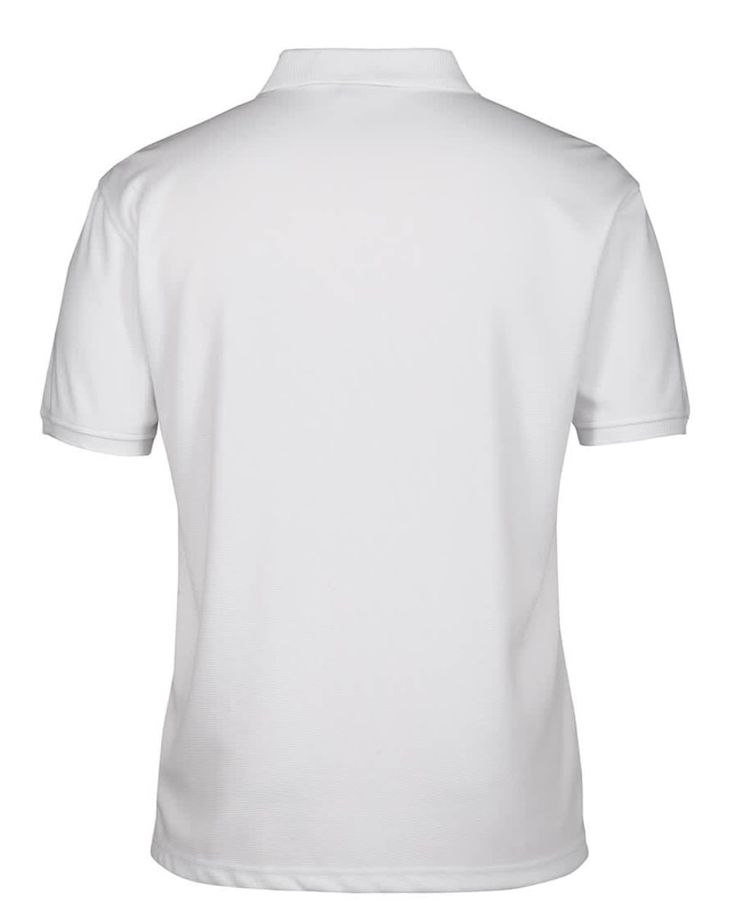 A white polo shirt with a collar and short sleeves, featuring a logo on the back.