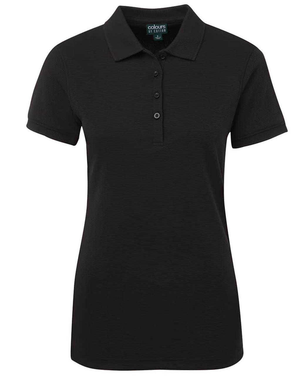 A black ladies' polo shirt with a collar, short sleeves, and a buttoned placket. Features a logo.