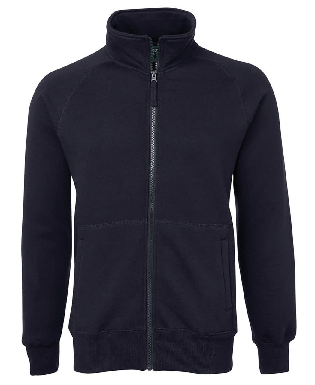 A full zip jumper in black with a high collar and two front pockets. It features a logo on the chest.