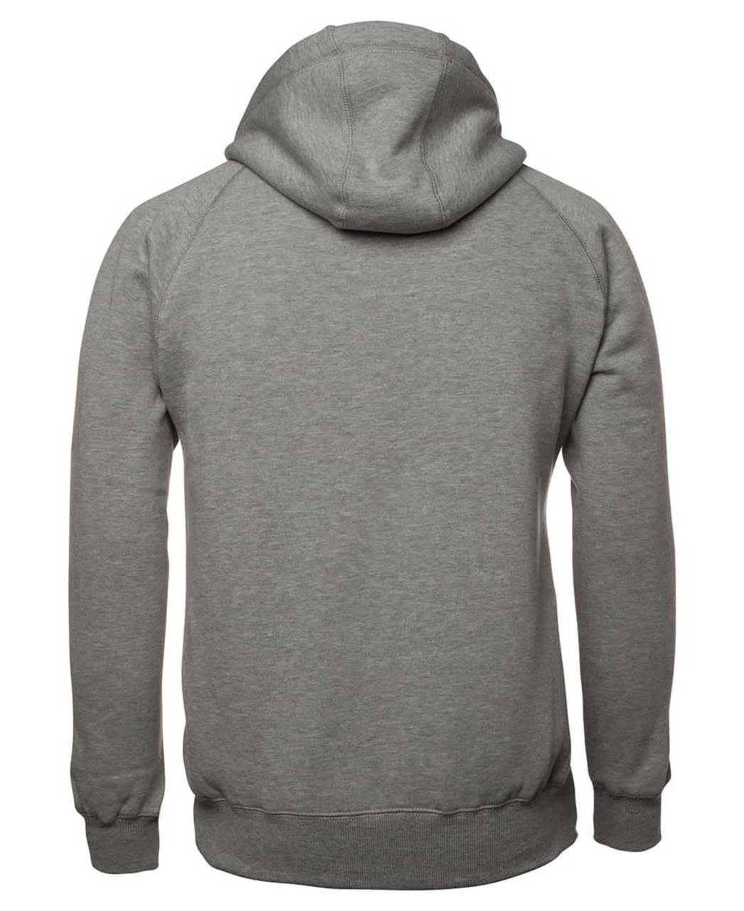 A grey hoodie with a hood and long sleeves, featuring a simple design and a logo on the back.