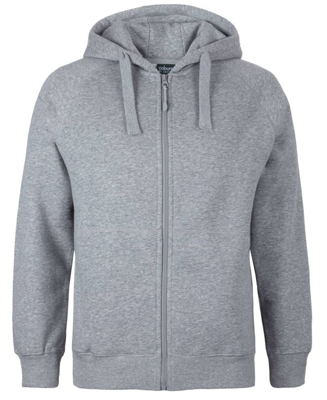 A grey zip-up hoodie with a hood, features a front pocket and has a logo on the label.
