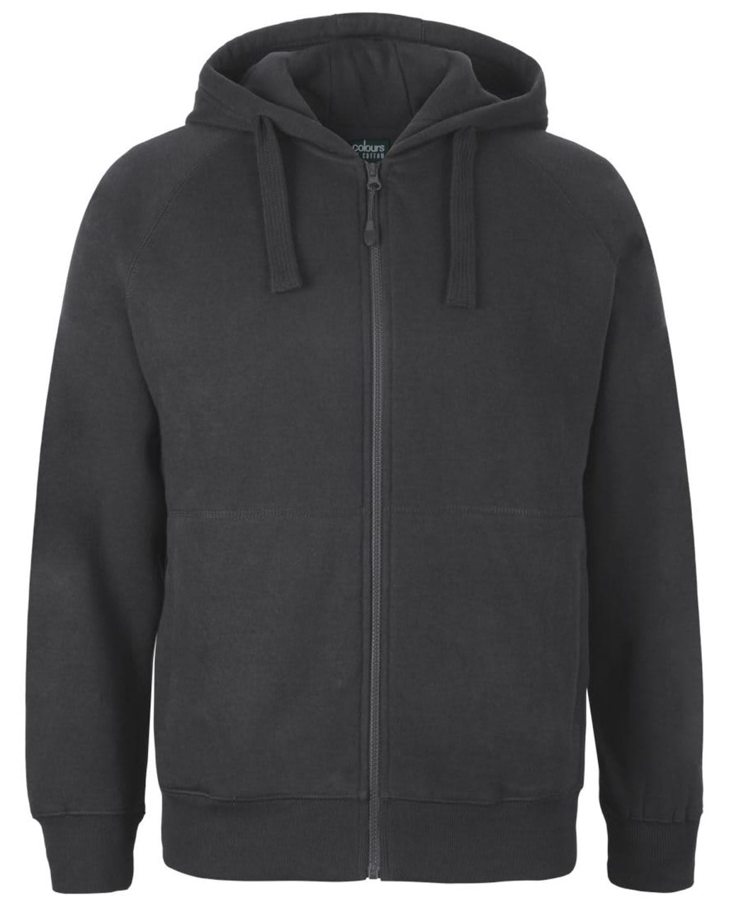 A black zip-up hoodie featuring a hood and front pockets, with a logo on the label.