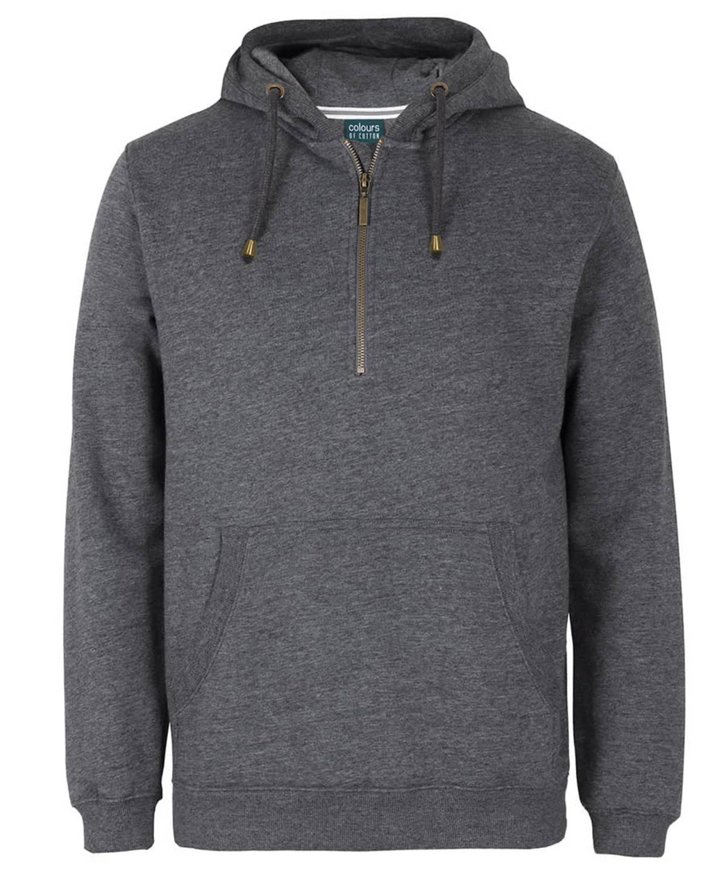 A grey 1/2 zip hoodie featuring a front pocket and a logo. Suitable for casual wear.