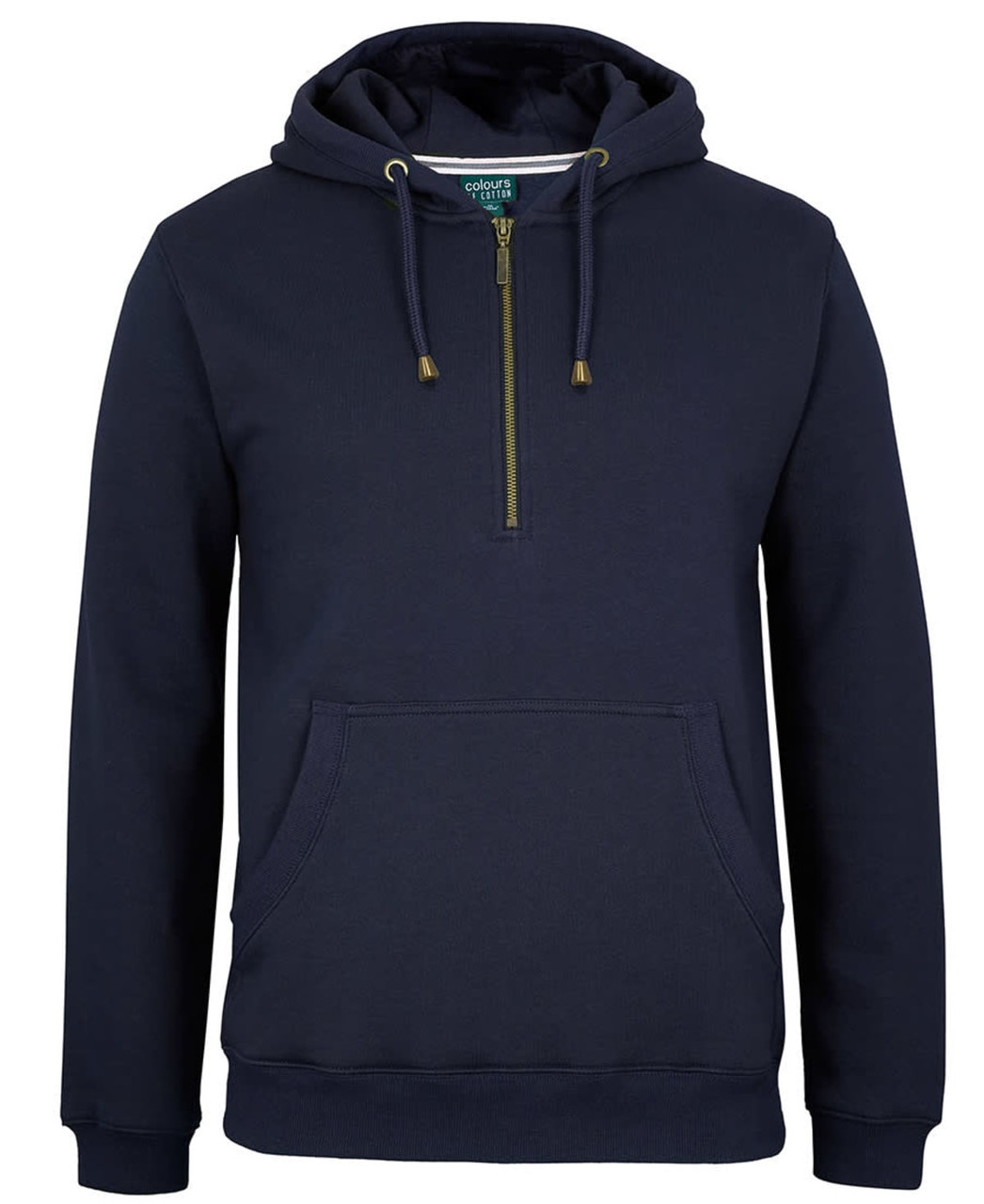 A navy blue 1/2 zip hoodie featuring a front pocket and a drawstring hood, with a logo on the label.