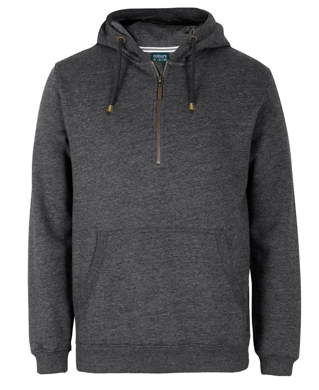 A dark grey 1/2 zip hoodie featuring a hood, a front pouch pocket, and a logo.