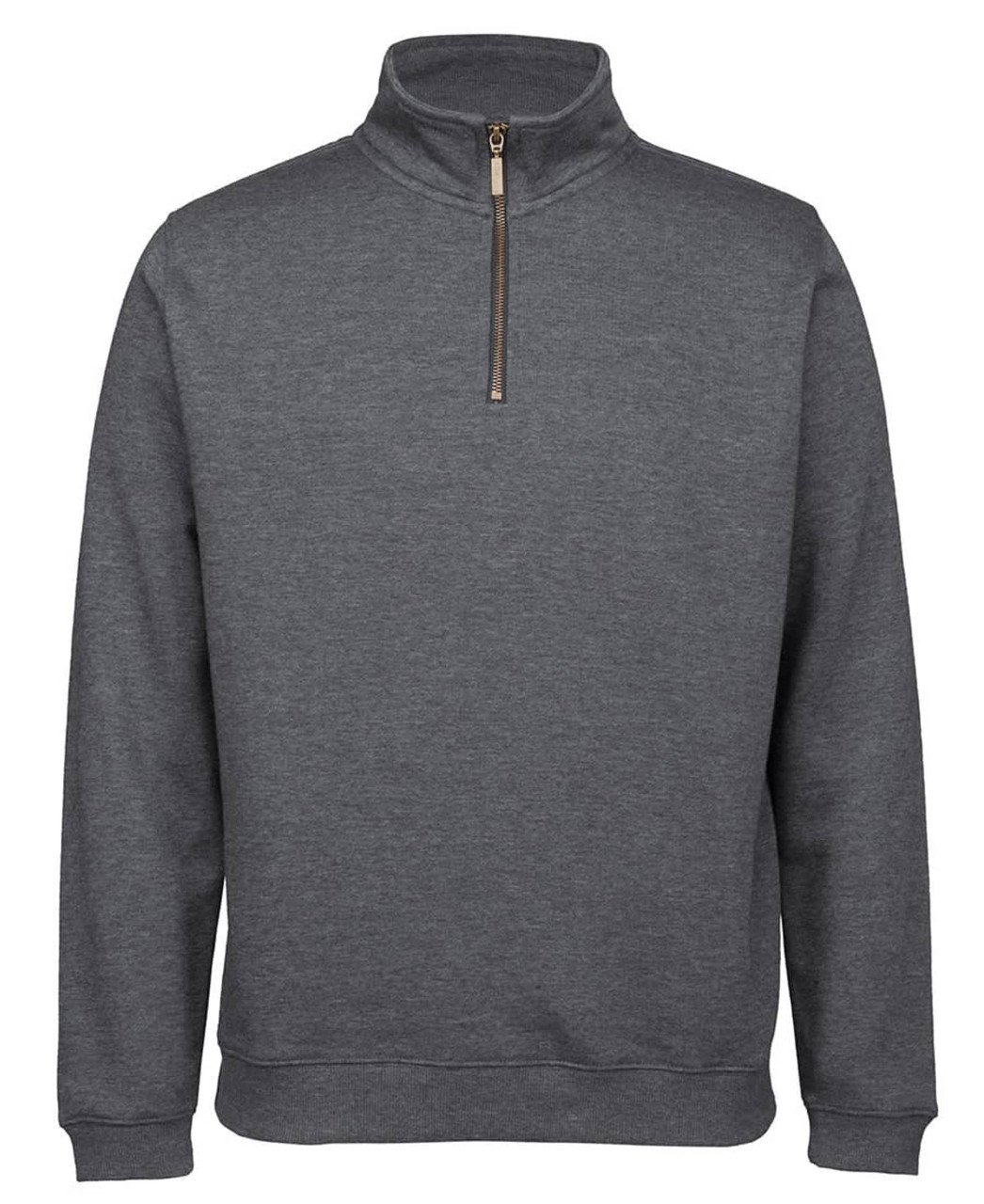 A dark grey 1/2 zip sweatshirt with a high collar and a zippered fastening, featuring a branding logo.