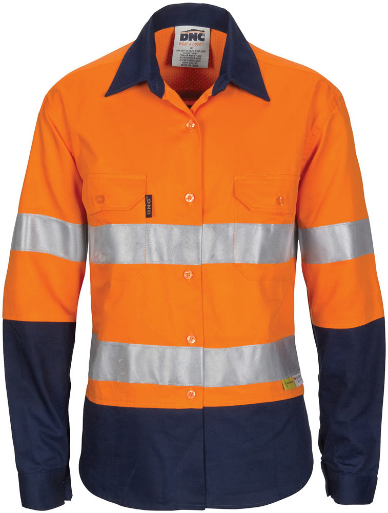 Hi Vis Ladies 3-Way Cool-Breeze Cotton Shirt with Gusset Sleeve 3M R/Tape - Long Sleeve
