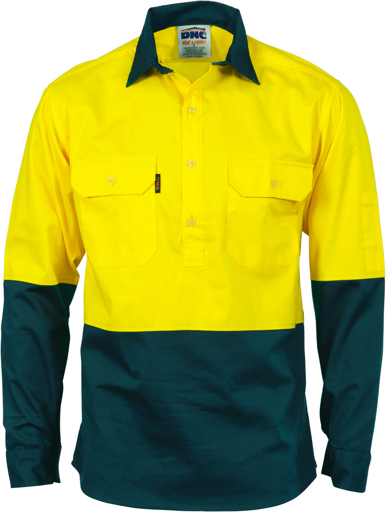 Hi Vis Two Tone Close Front Cotton Drill Shirt - Long Sleeve Gusset Sleeve