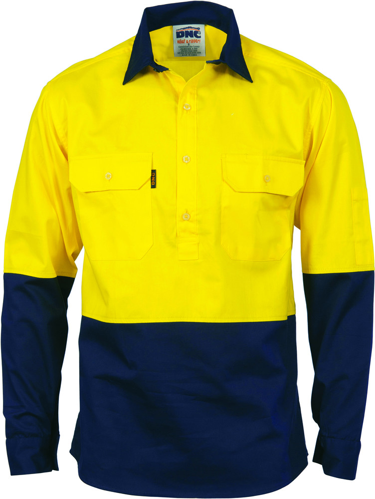 Hi Vis Two Tone Close Front Cotton Drill Shirt - Long Sleeve Gusset Sleeve