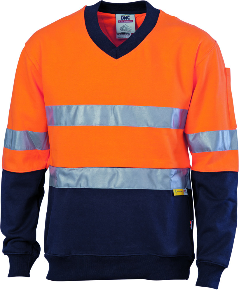 Hi Vis Two Tone Cotton Fleecy Sweat Shirt V-Neck with 3M R/Tape