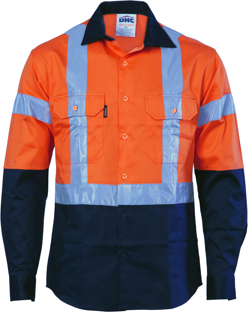 Hi Vis D/N Two Tone Drill Shirt with H-Pattern Generic R/ Tape - Long Sleeve