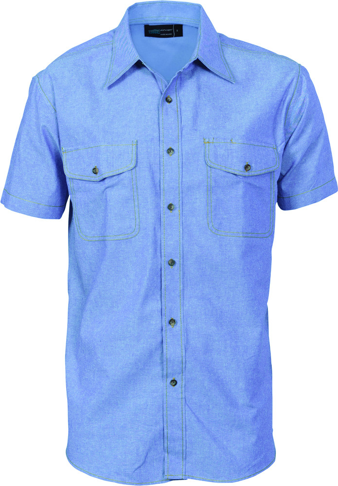 Men's Twin Flap Pocket Cotton Chambray - Short Sleeve