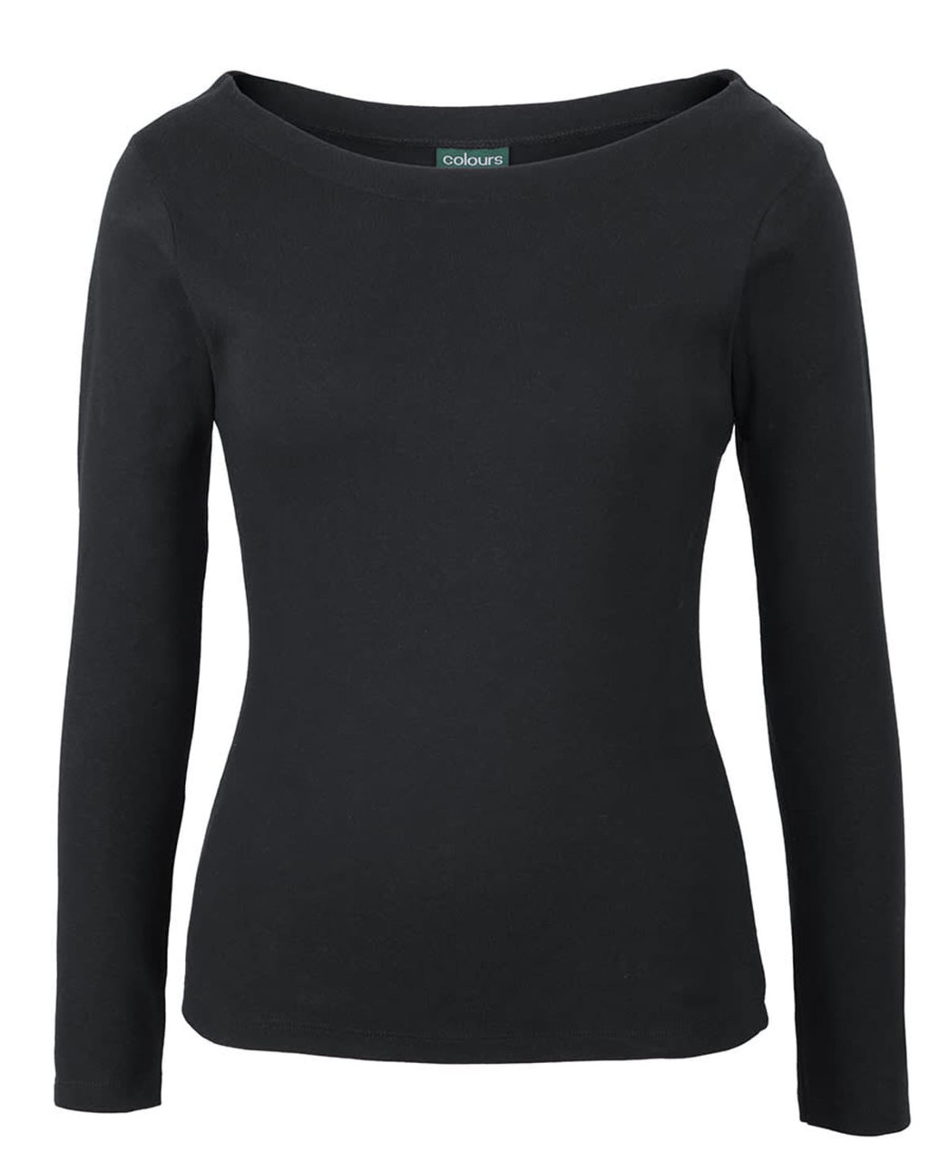 A black long-sleeve boat neck tee with a slight stretch and a logo at the neckline.