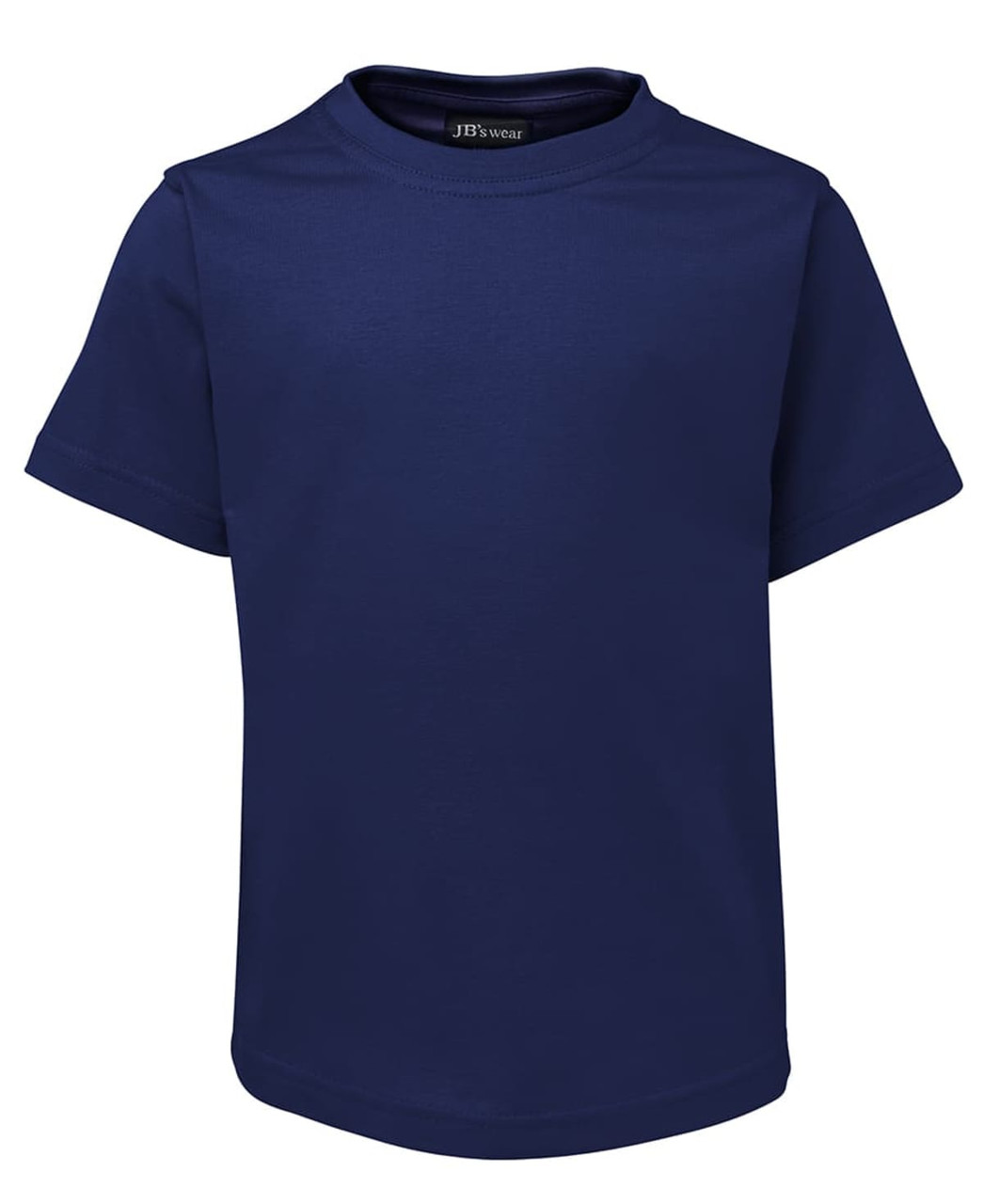 A navy blue children's t-shirt with a round neckline and short sleeves, featuring a logo inside the collar.