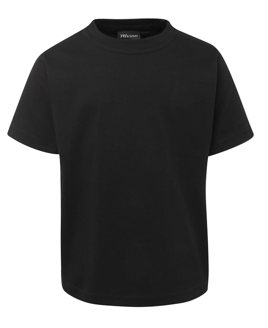 A black t-shirt featuring short sleeves and a round neckline, with a logo on the inner label.