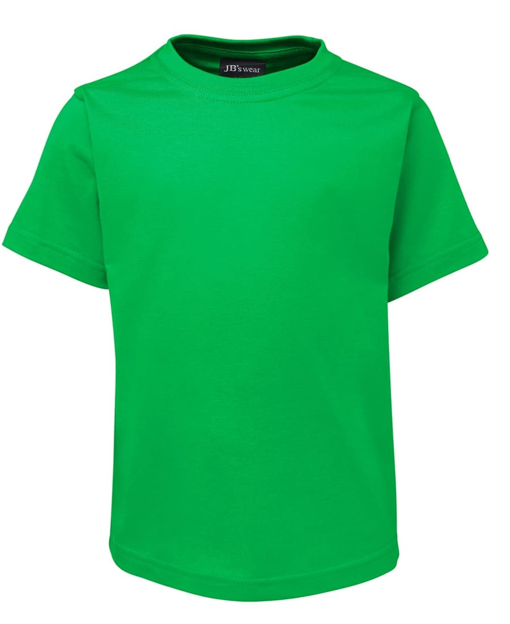 A vibrant green kids' t-shirt featuring a round neckline and short sleeves, with a logo tag on the collar.