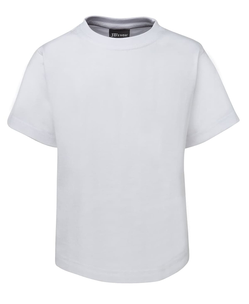 A plain white children's t-shirt featuring short sleeves and a round neckline. It has a logo inside the collar.