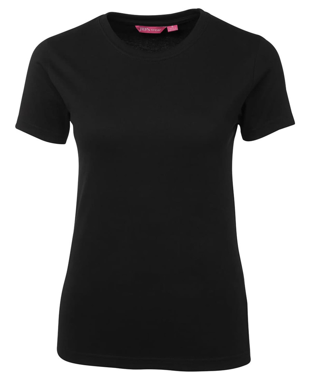 A plain black ladies' tee with a round neckline and short sleeves. The shirt features a logo.
