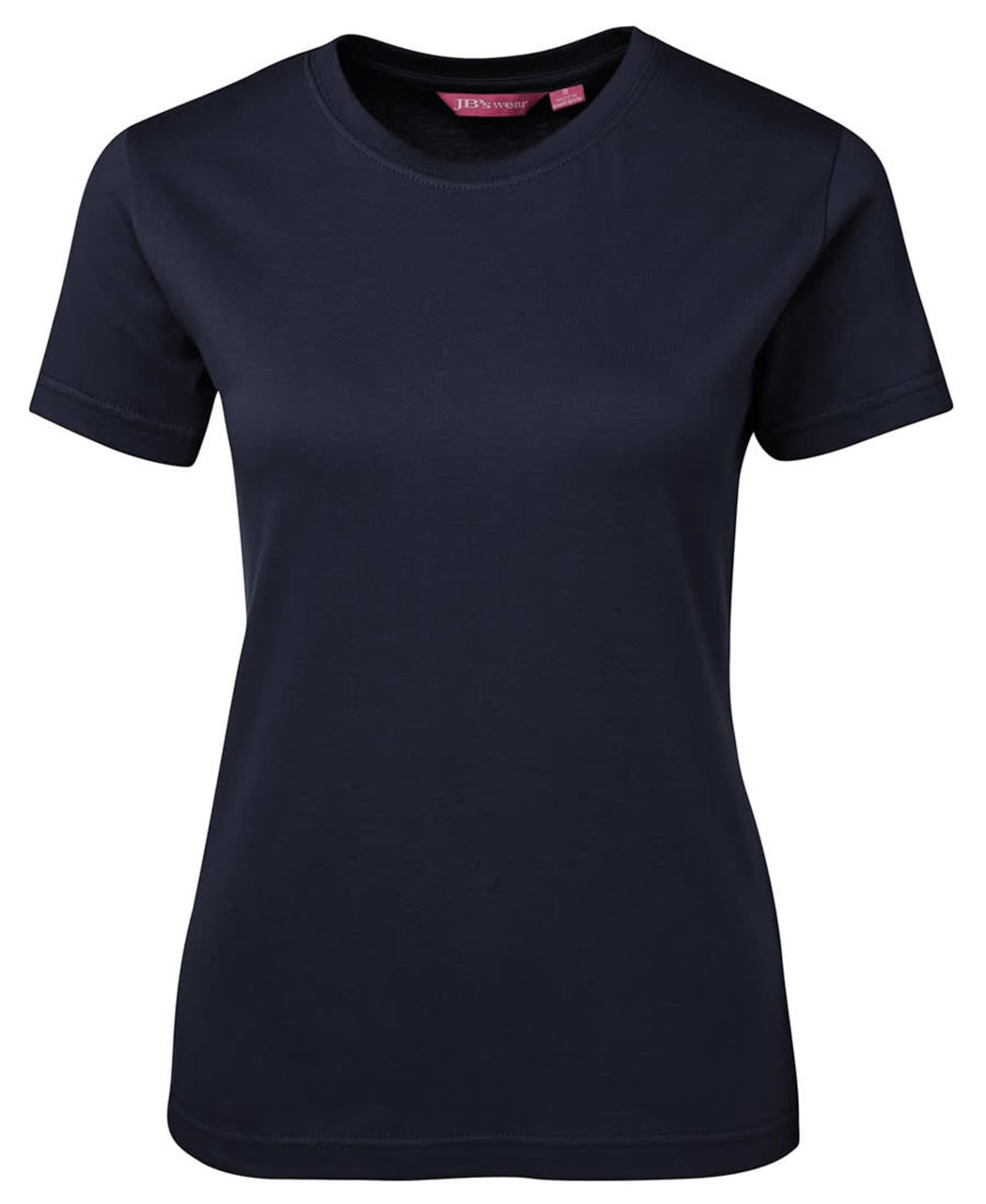 A navy blue ladies' t-shirt with short sleeves and a round neckline, featuring a logo.
