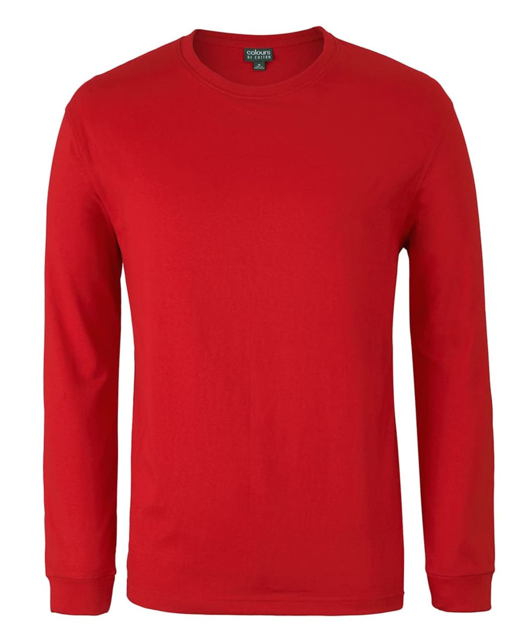 A red long-sleeve t-shirt with a crew neck and a logo on the label.