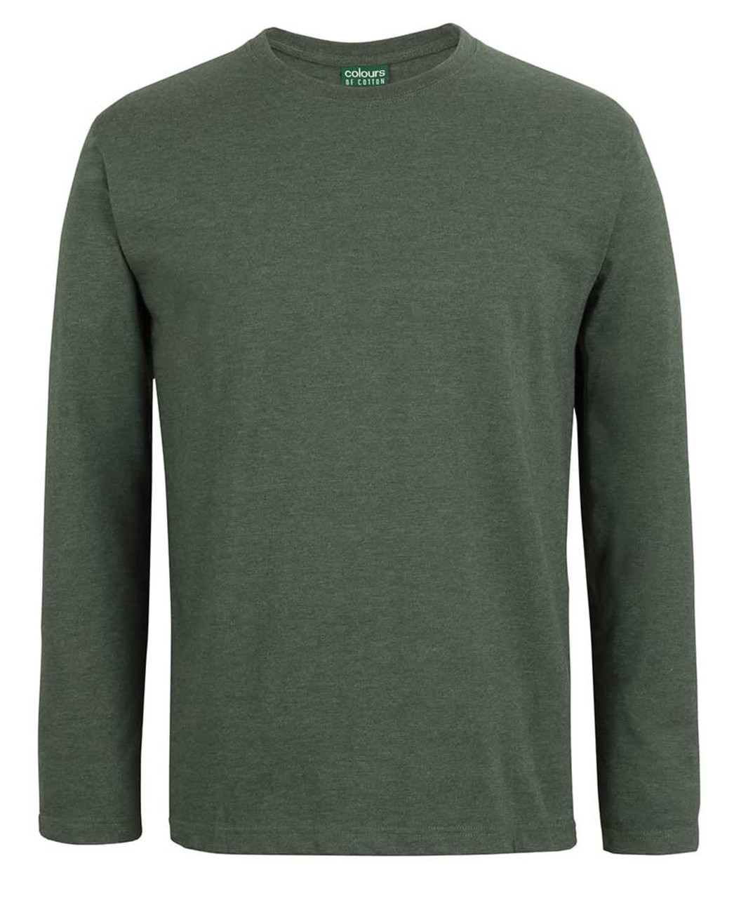 A long-sleeved t-shirt in a dark green colour, featuring a crew neck and a logo on the collar.