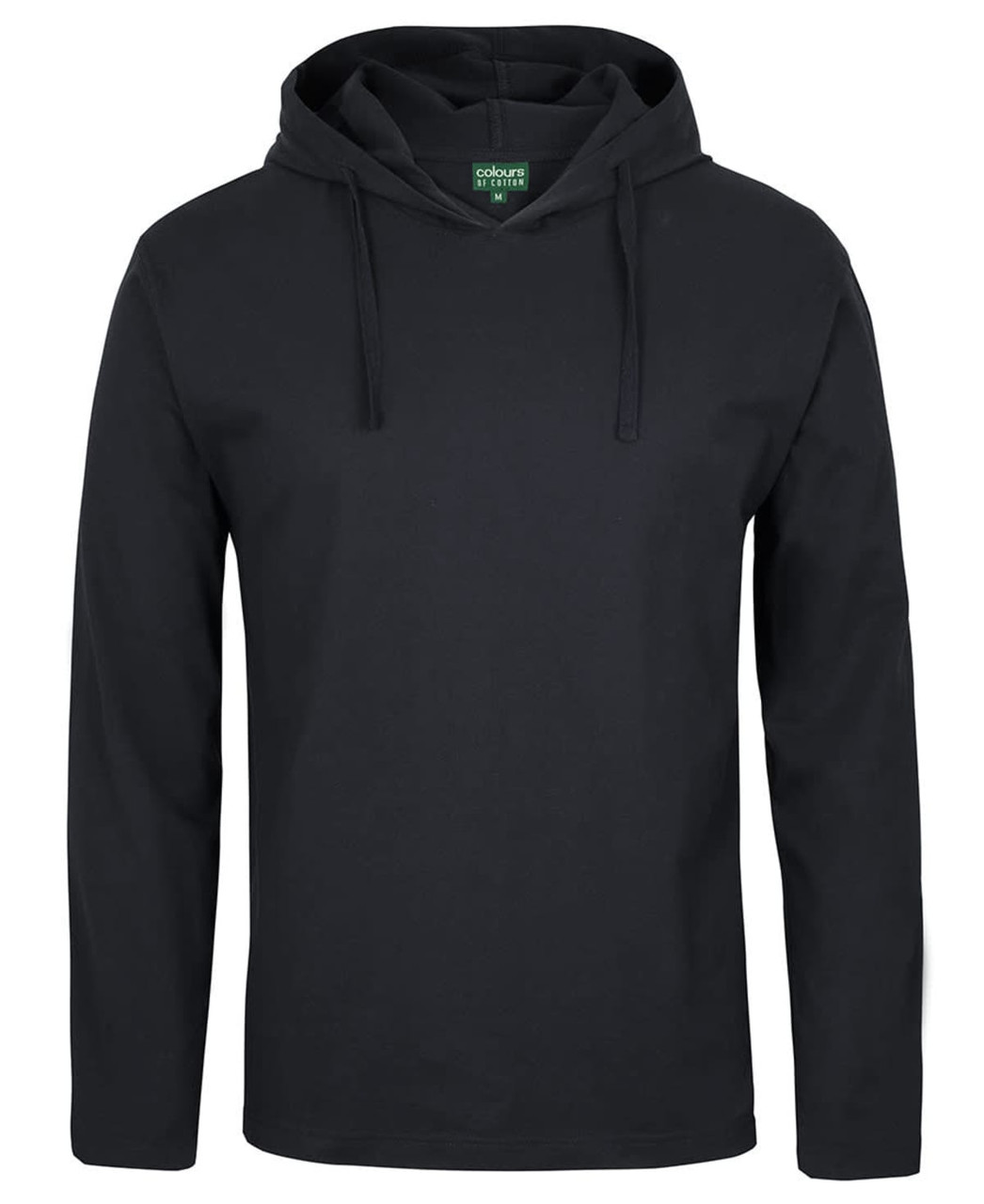 A long-sleeve hooded tee in black, featuring a front pocket and a hood design. It includes a logo label inside.