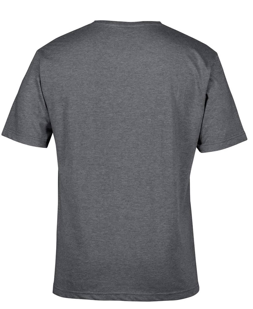 A grey V-neck t-shirt with short sleeves, featuring a plain back design and a logo.