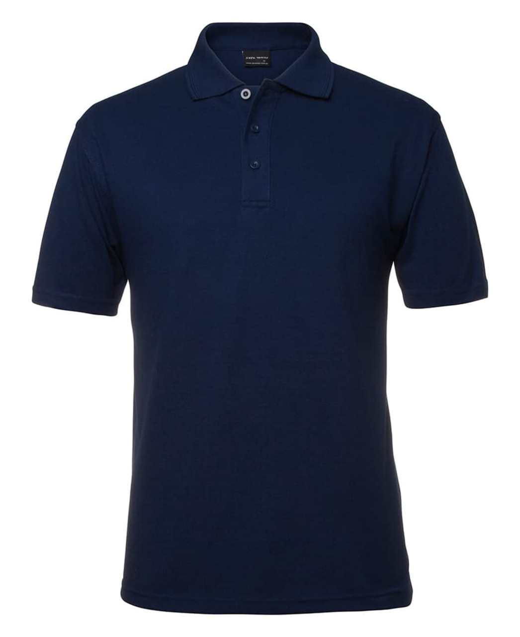 A navy polo shirt with a collar, featuring short sleeves and three buttons, along with a logo.