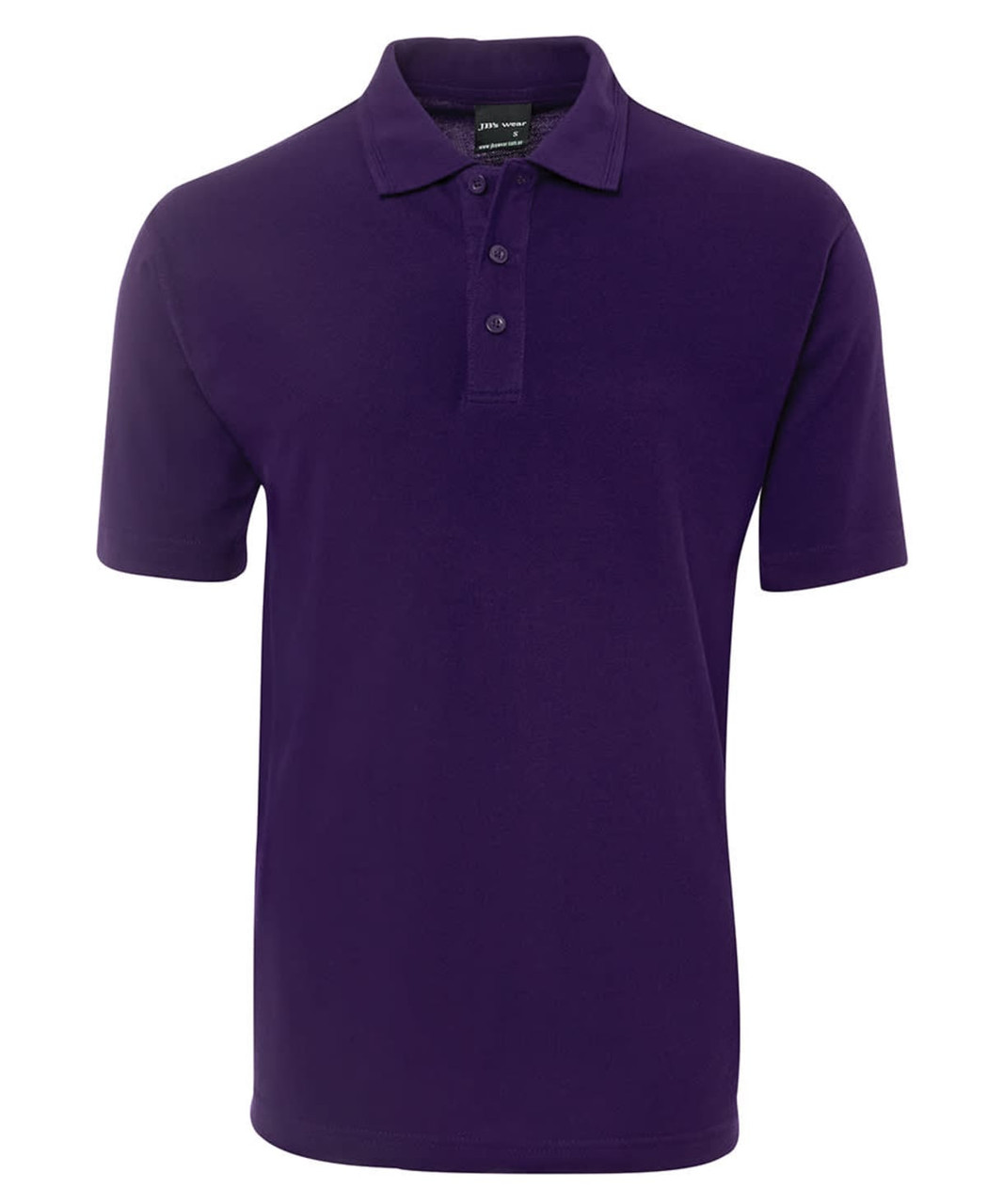 A purple polo shirt featuring a classic collar and three-button placket, with a logo on it.