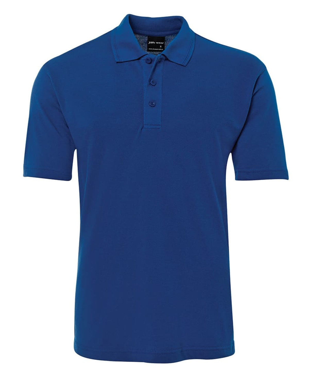 A polo shirt in a vibrant blue colour featuring a classic collar and three-button placket. It has a logo.