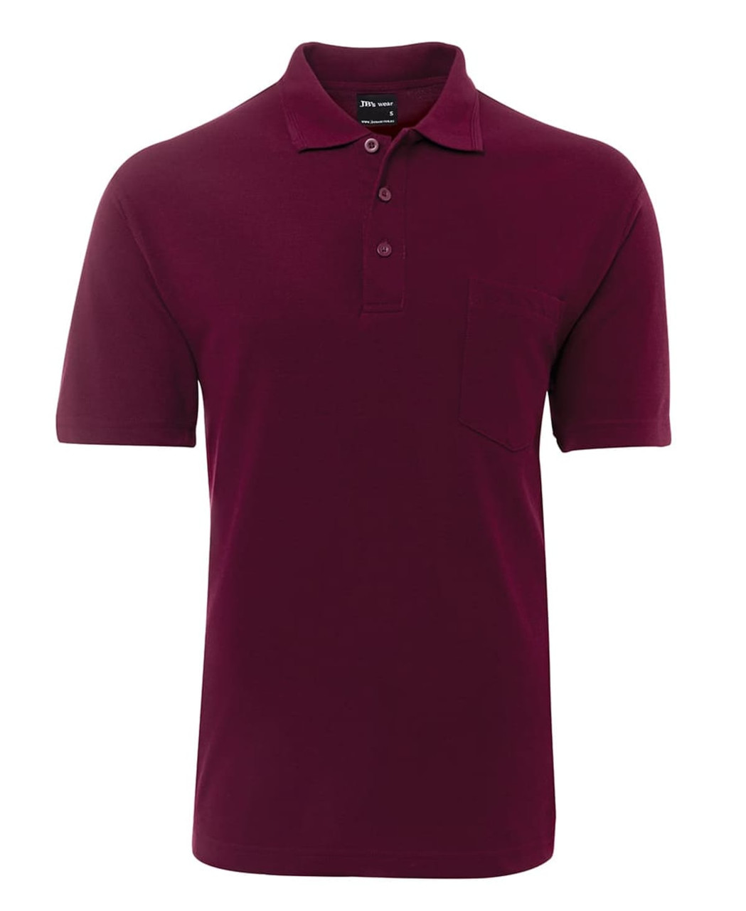 A burgundy polo shirt with a collar, a pocket, and a logo on the chest. 