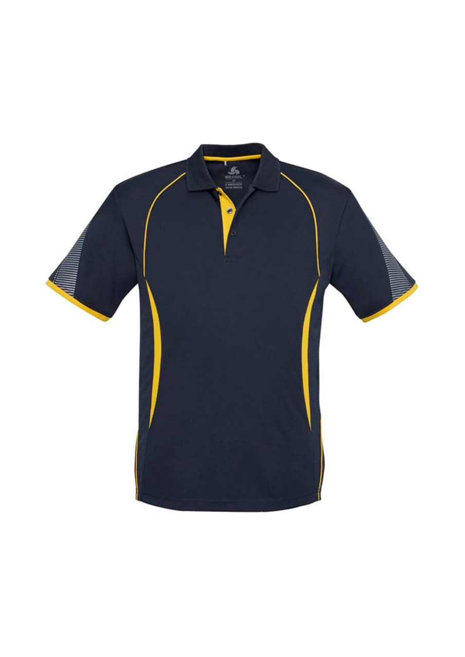 A navy polo shirt with yellow accents and mesh sleeves, featuring a logo on the chest.