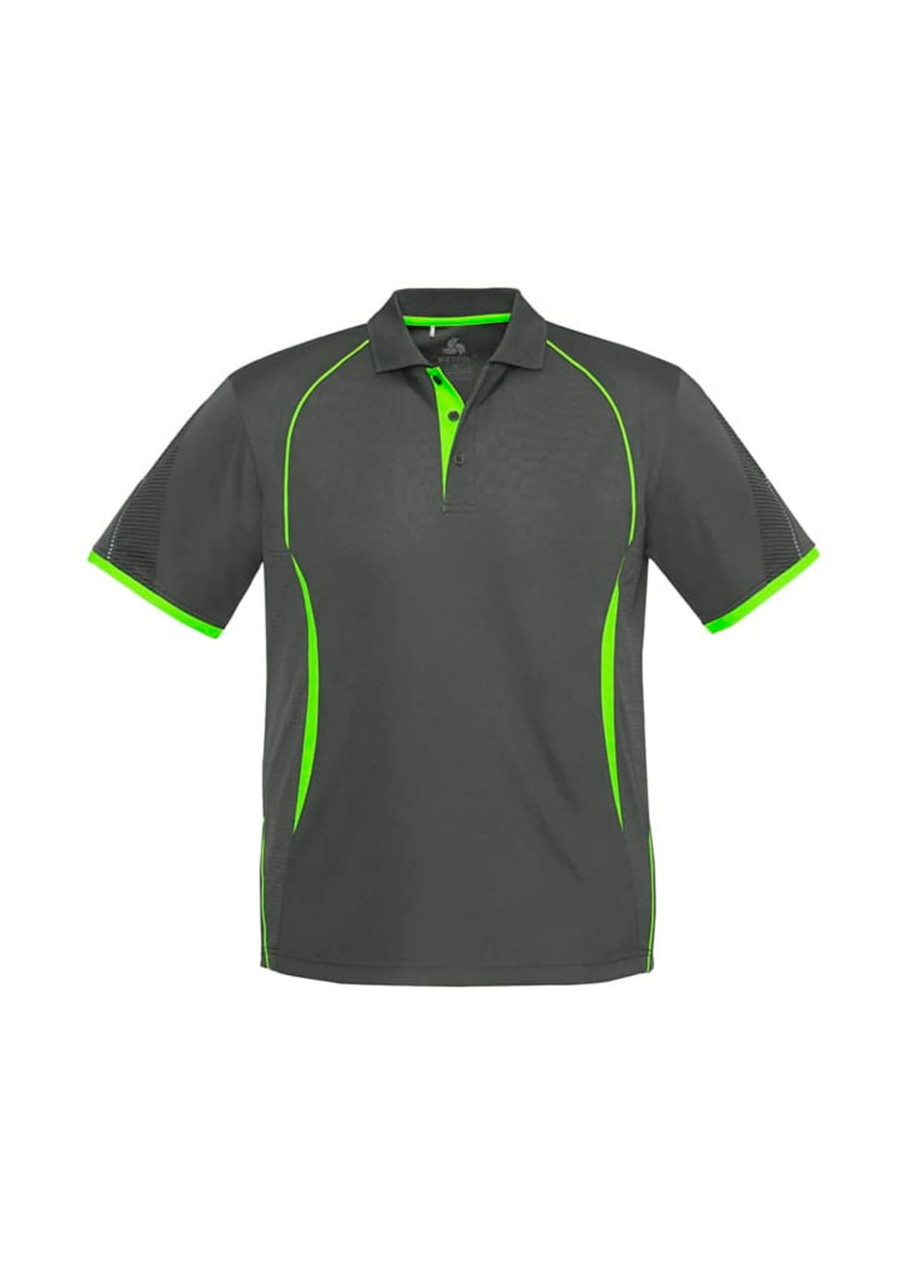 A short sleeve polo shirt in grey with lime green accents and a logo on the chest.