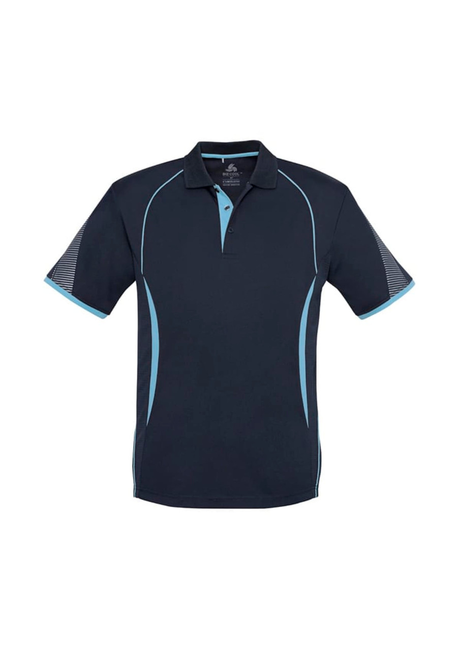 A black short sleeve polo shirt featuring light blue accents and a logo on the chest.