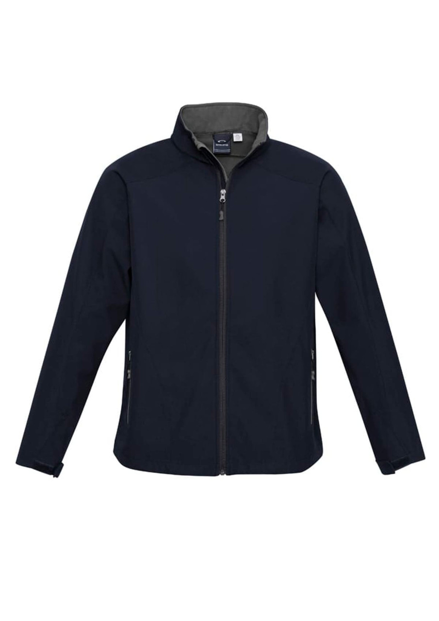 A navy jacket with a stand-up collar, featuring a zip front and side pockets, includes a logo.