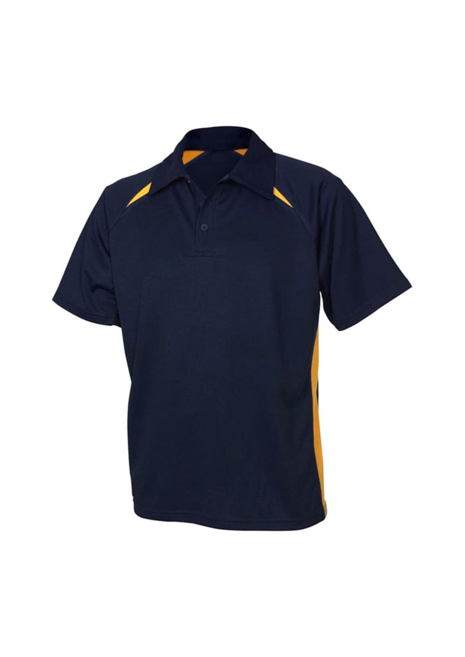 A navy and yellow kids' polo shirt featuring short sleeves and a collar, with a logo on the chest.
