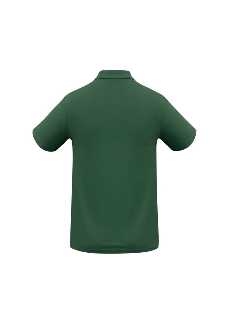 A green men's polo shirt featuring a classic collar and short sleeves, with a branding logo on the back.