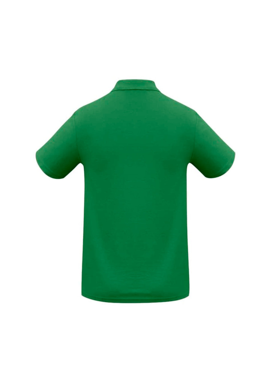 A green men's polo shirt with a collar and short sleeves, featuring a logo on the back.