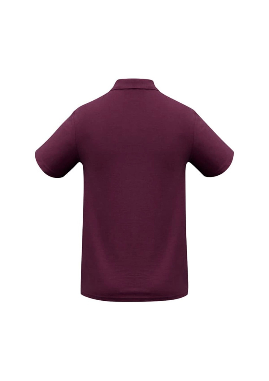 A men's polo shirt in a rich purple hue, featuring short sleeves and a classic collar. It has a small logo on the back.