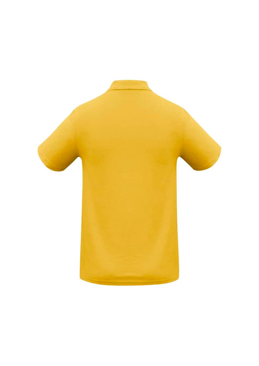 A yellow polo shirt with a classic collar and short sleeves, featuring a logo on the back.