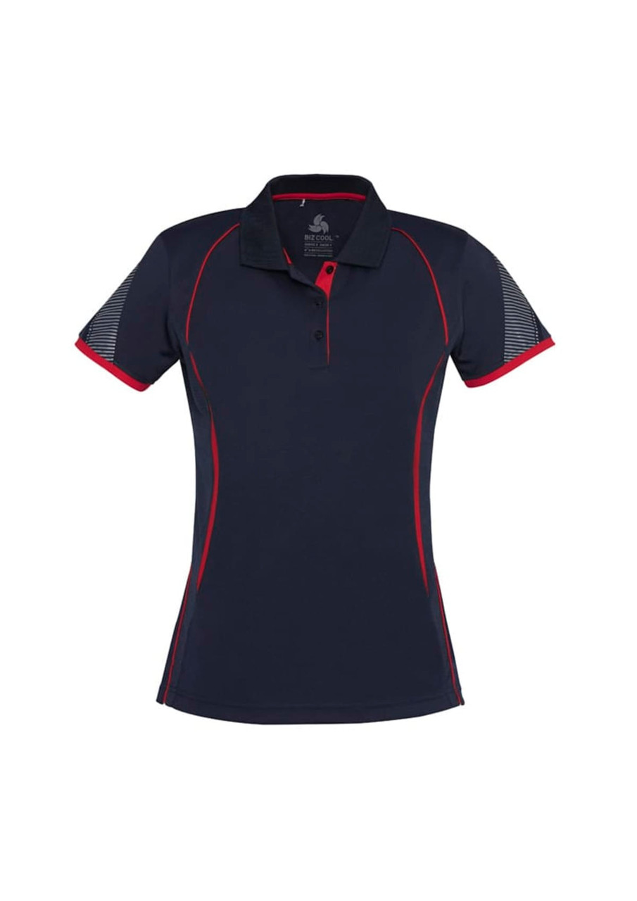 A navy women's short sleeve polo shirt with red accents and a logo on the chest. Features a classic collar and sporty design.