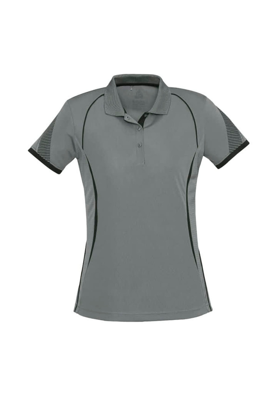 A women's short sleeve polo shirt in grey with contrasting black accents and a logo.