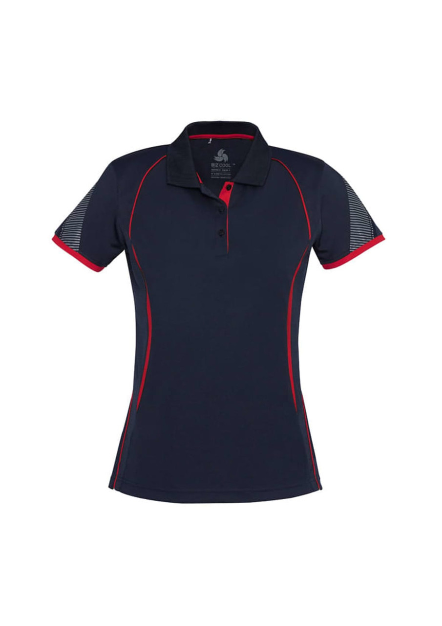 A women's short sleeve polo shirt in navy with red accents and patterned sleeve detail, featuring a logo.