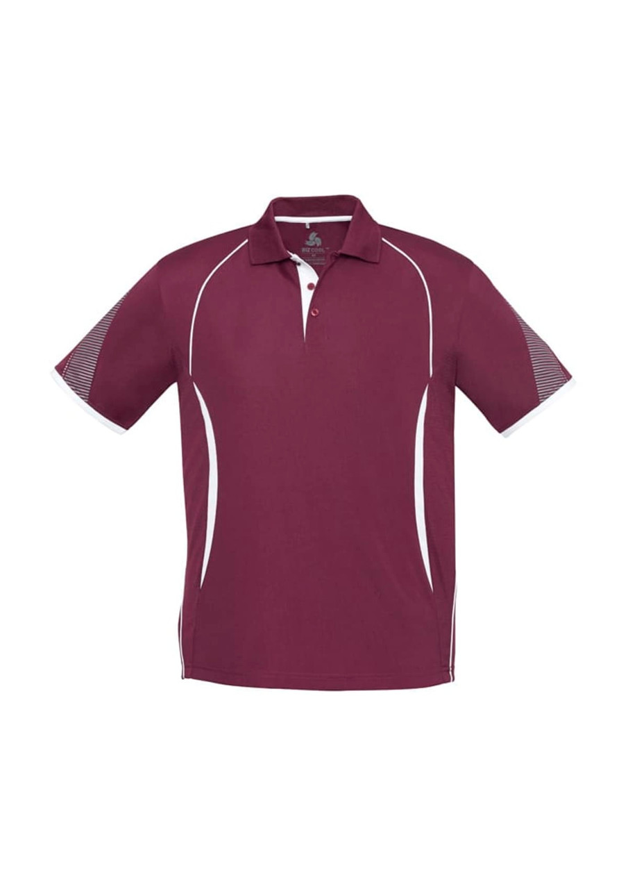 A maroon short sleeve polo shirt featuring white accents and a logo on the collar.