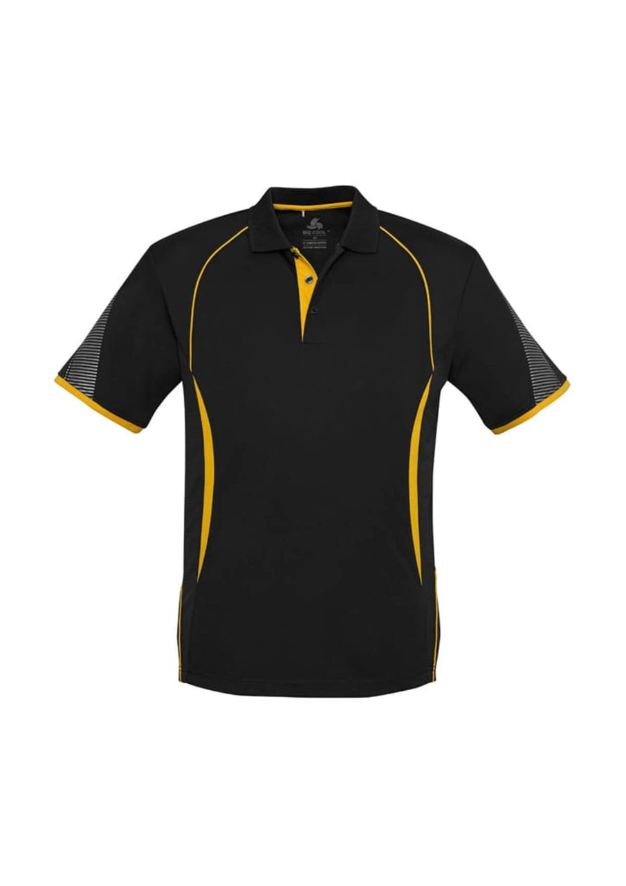 A black polo shirt with yellow accents and short sleeves, featuring a logo on the chest.