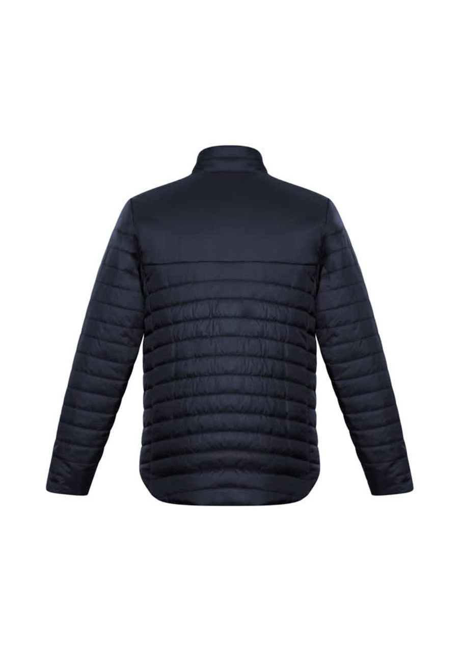 A mens puffer jacket in black, featuring a quilted texture and a high collar, with a logo on the back.