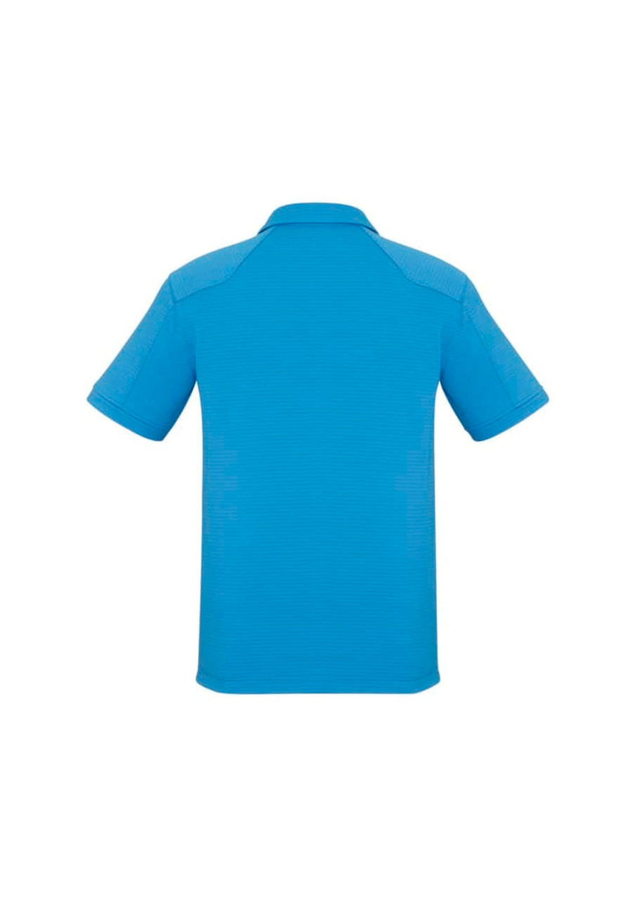 A blue men's short sleeve polo shirt featuring a collar and a branded logo on the back.