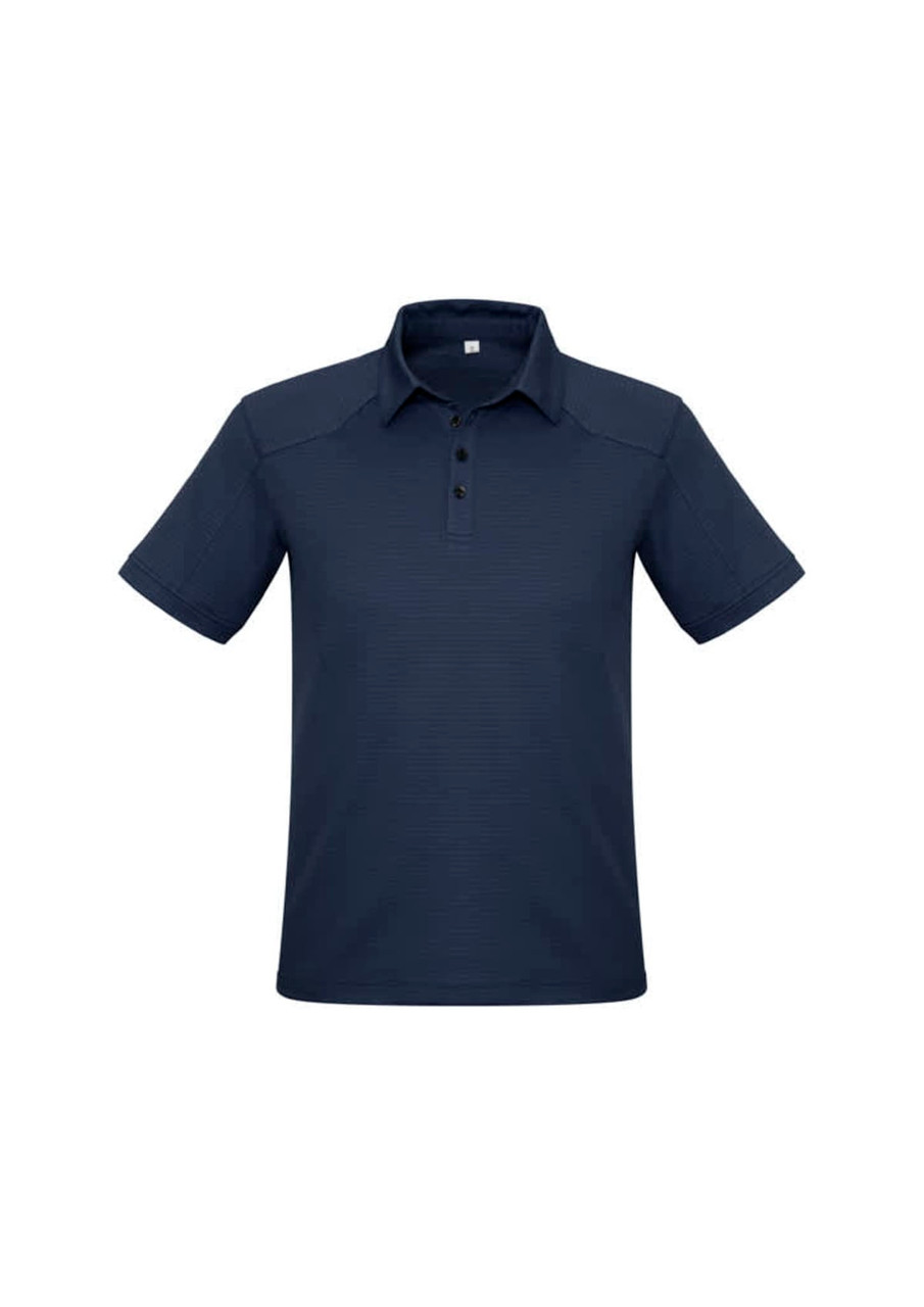 A navy blue men's short sleeve polo shirt featuring a collar and button placket, with a logo present.