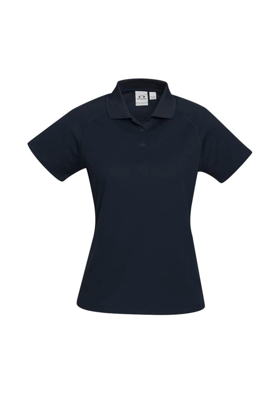 A women's short sleeve polo in navy blue, featuring a classic collar and a logo on the upper left.
