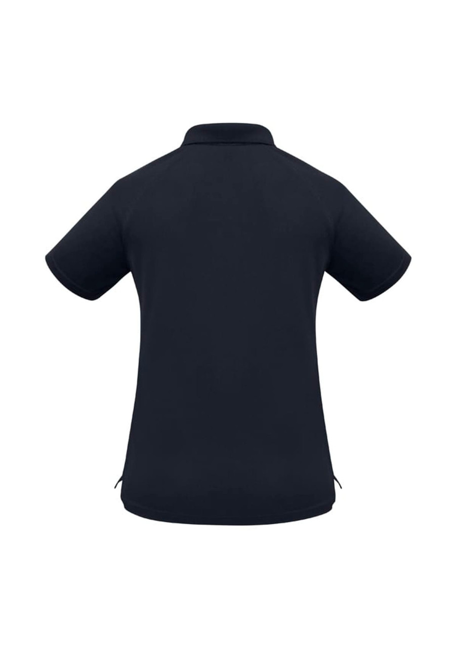 A black women's short sleeve polo shirt featuring a classic collar and a logo.